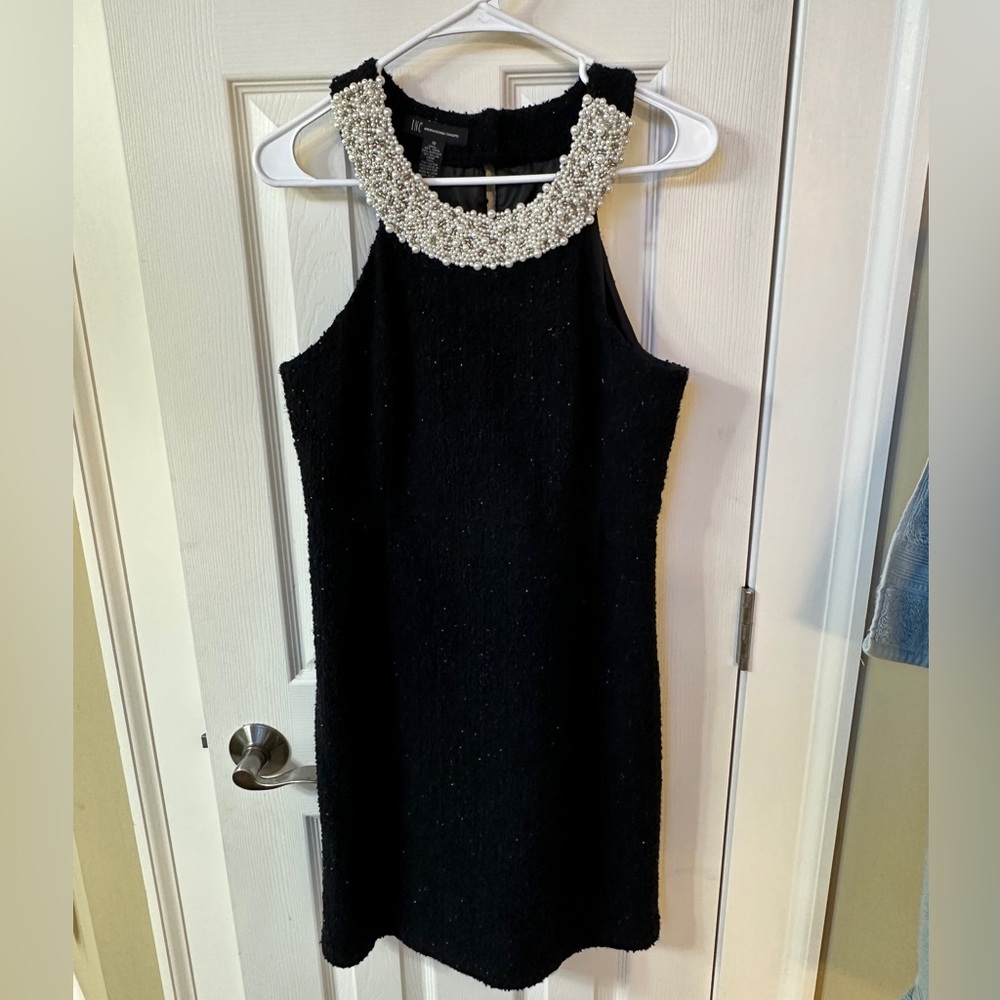 INC Pearl Collar Black Wool Sparkly Tweed Boucle Cocktail Sheath Dress 10 Classy